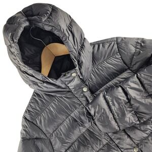Eddie Bauer Puffer Jacket Womens M Gray‎ Hooded Down Fill Recycled Nylon